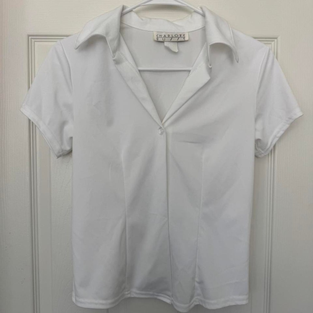 Y2K white Charlotte Russe collared blouse with one crystal like button